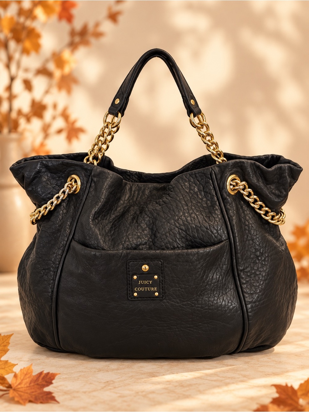Juicy Couture Y2K Black Genuine Leather Gold Chain Large Hobo Shoulder Bag